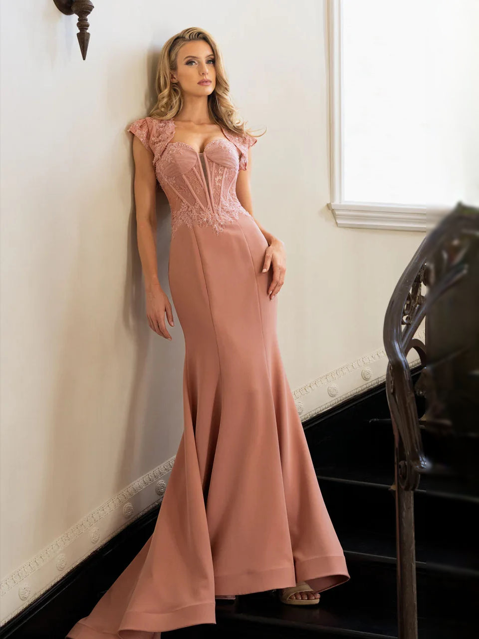 Apricot floor-length wedding dress, front view showing the mermaid silhouette