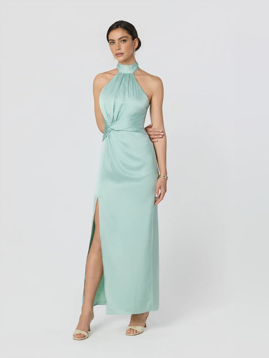 Dusty Sage sheath floor-length formal dress with halter neckline, full-length front view