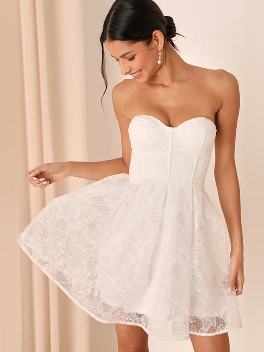 White mini homecoming dress, front view showing the silhouette