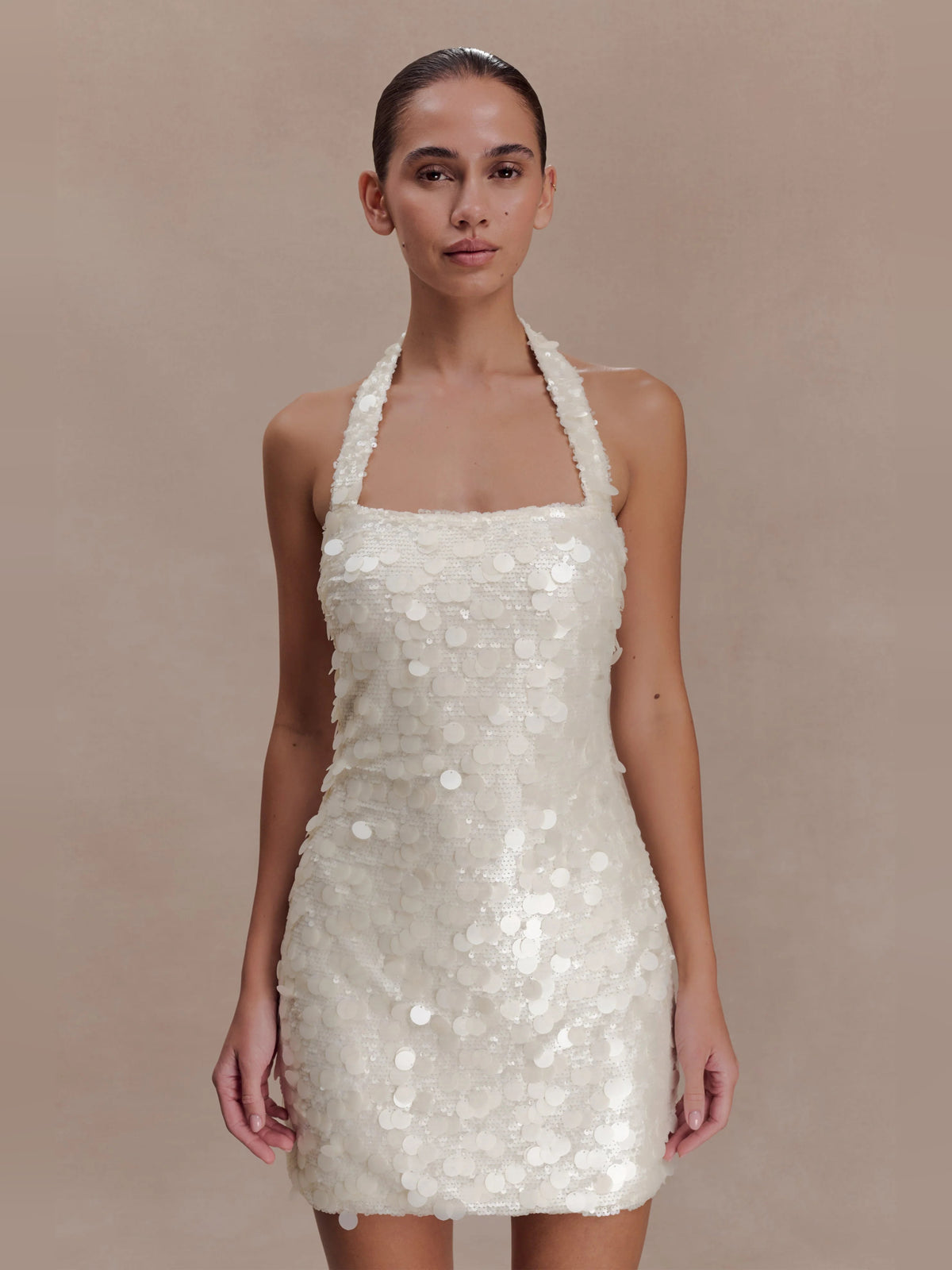 Ivory mini homecoming dress, front view showing the silhouette