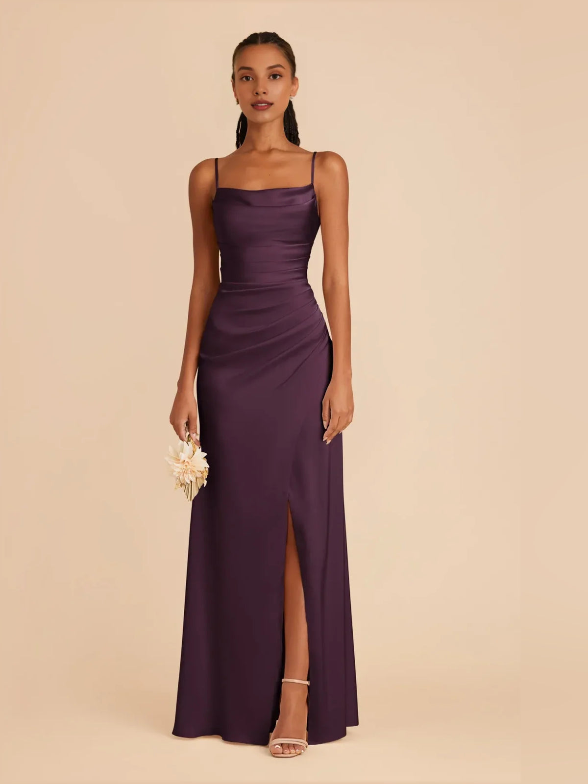 Plum maxi bridesmaid dress, front view showing the a-line silhouette