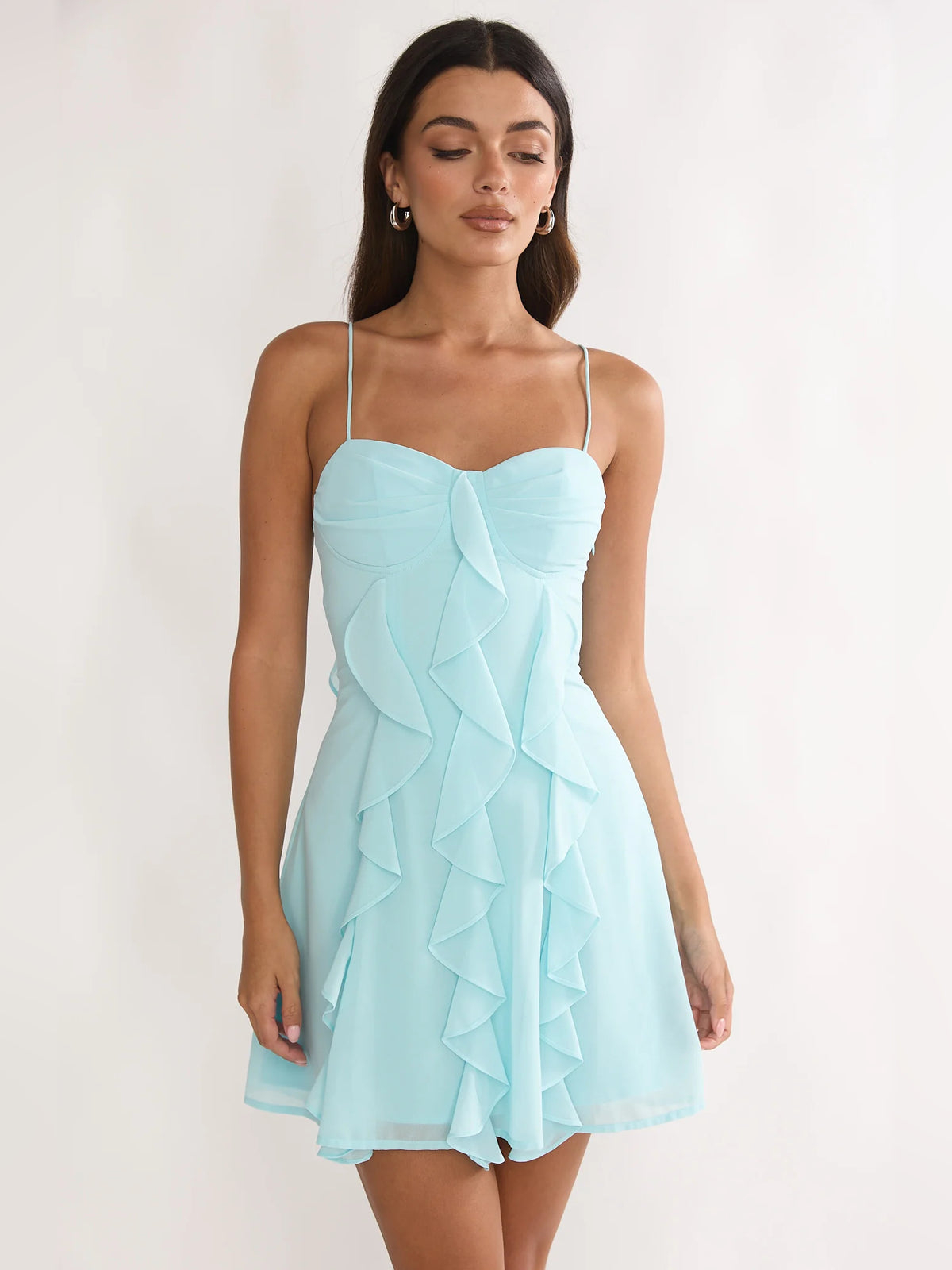 Aqua mini homecoming dress, front view showing the silhouette