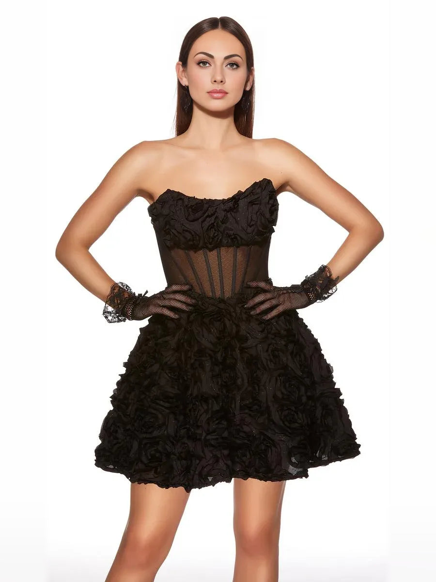 Black mini homecoming dress, alternate view showing the full-length silhouette