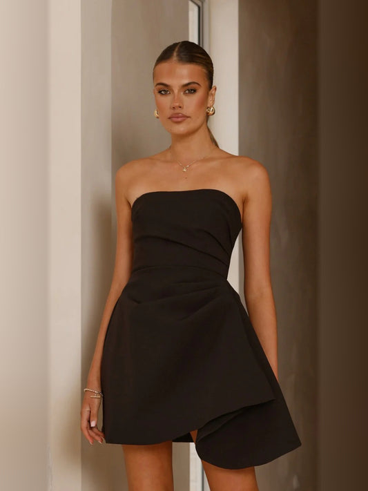 Black mini homecoming dress, front view showing the silhouette