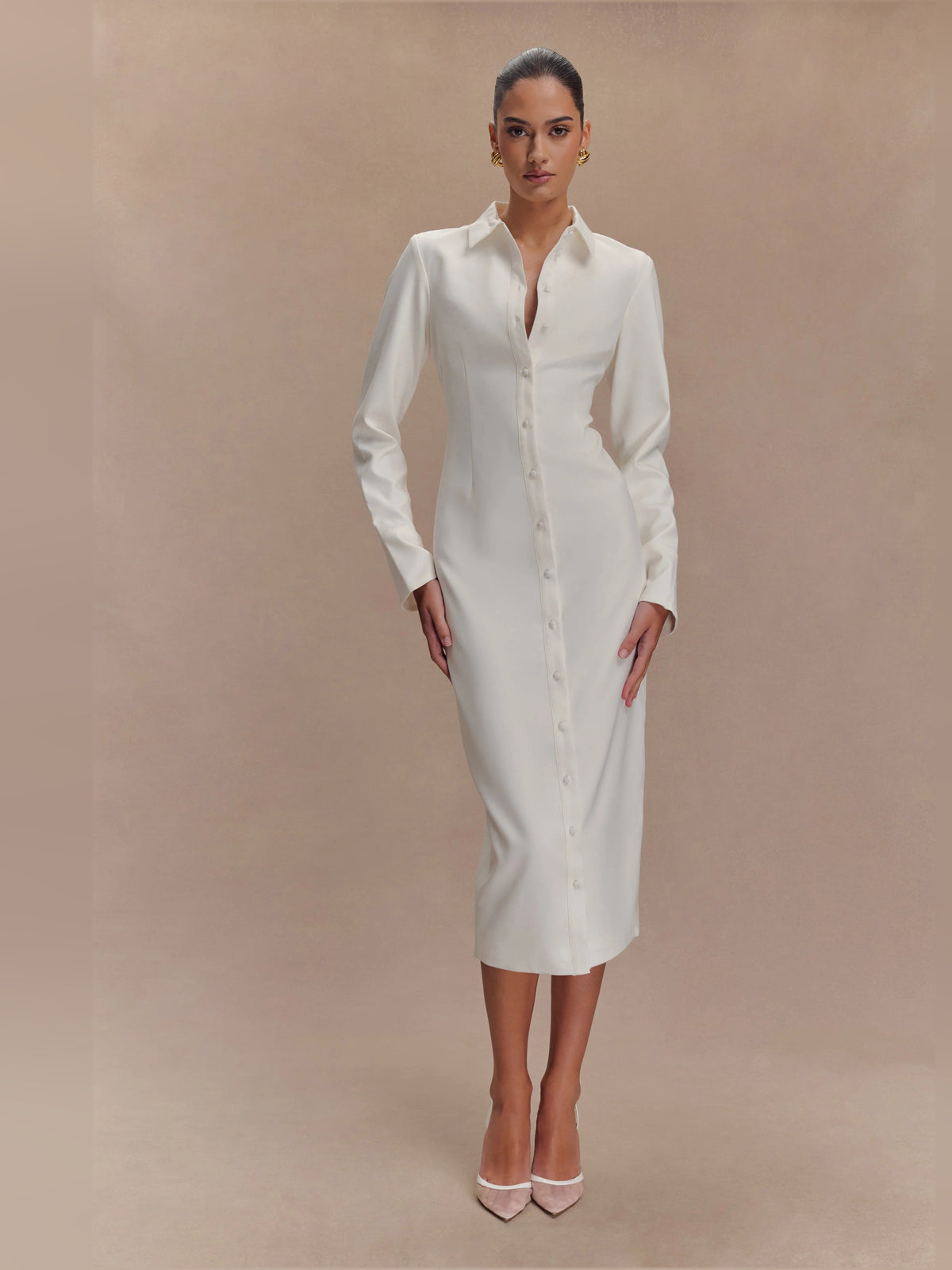 White midi formal dress, full-length front view