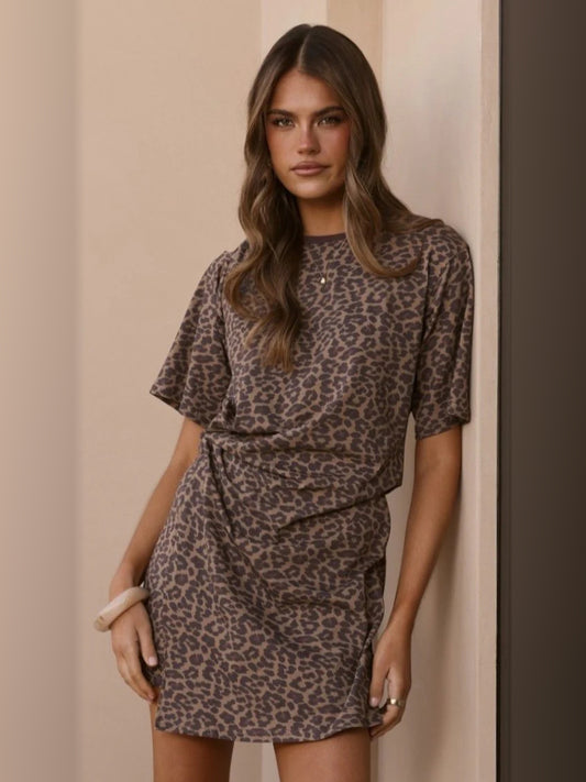 Print mini homecoming dress, front view showing the silhouette