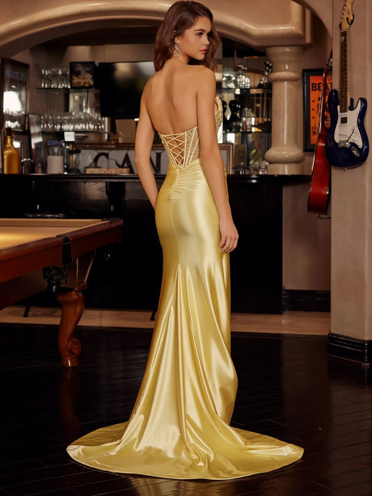 Black floor-length prom dress, front view showing the mermaid silhouette