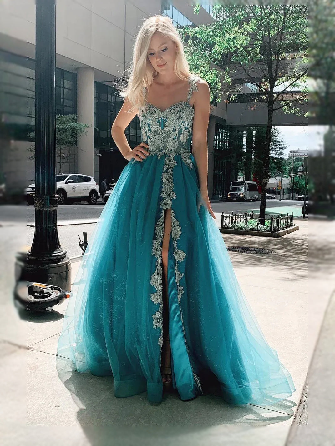Teal maxi prom dress, front view showing the a-line silhouette
