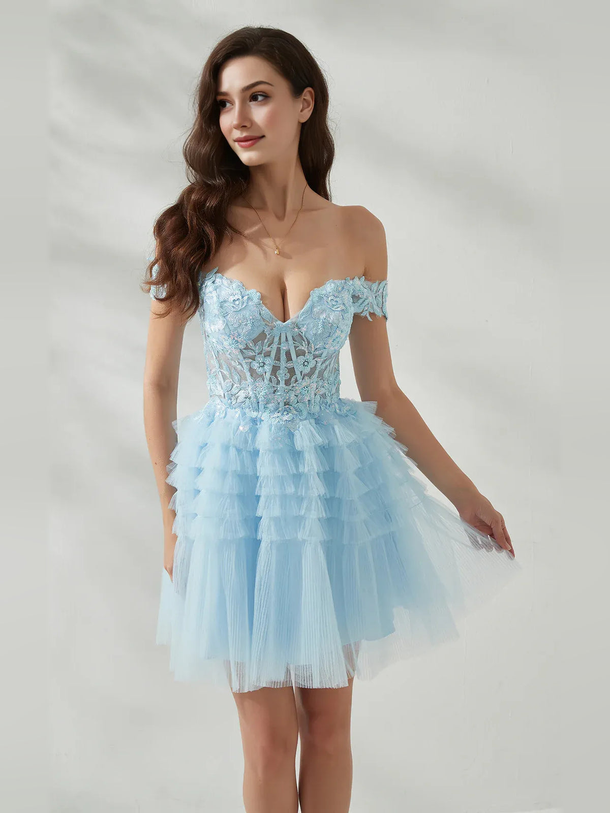 Baby Blue mini homecoming dress, alternate view showing the full-length silhouette