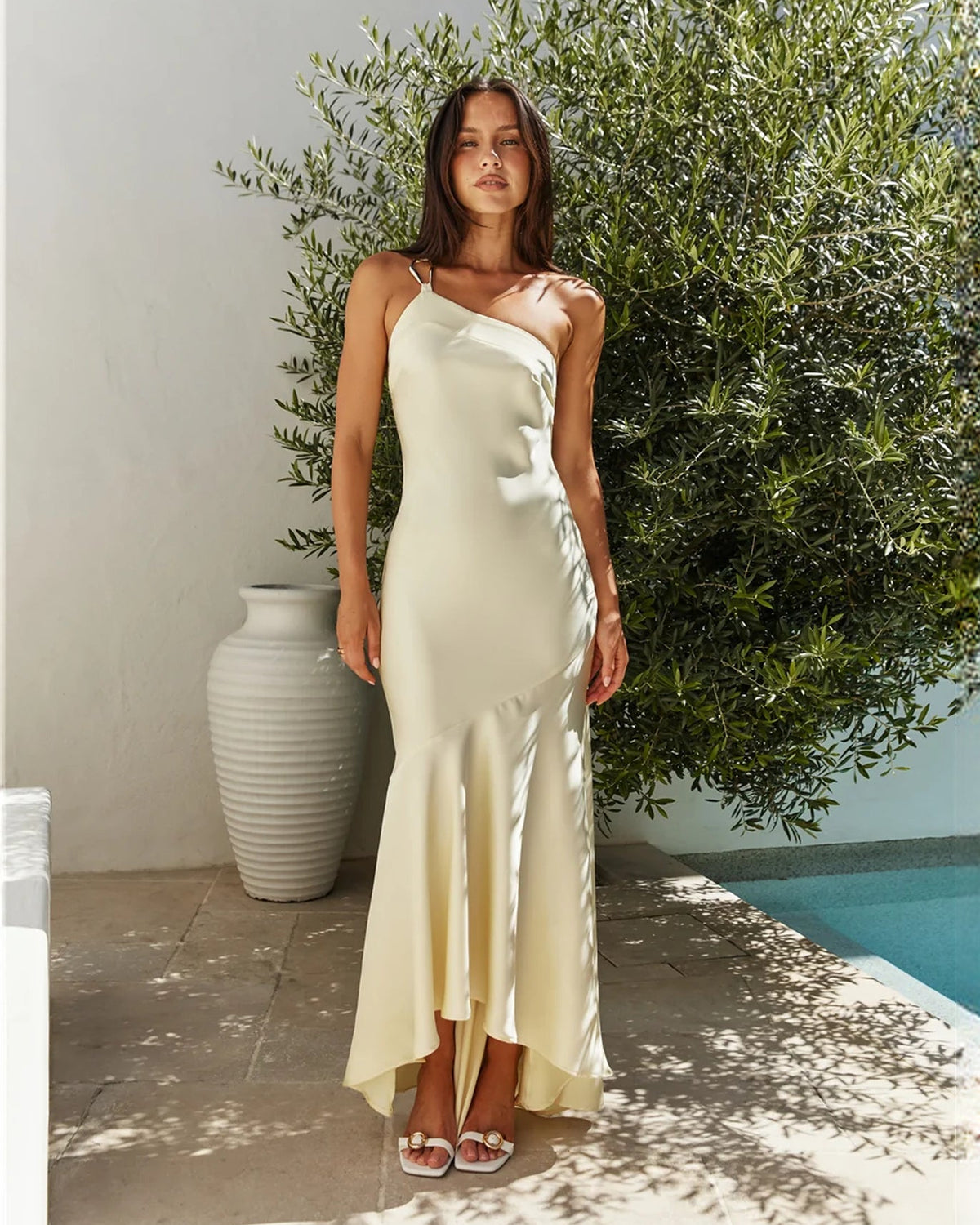 one-shoulder satin a-line maxi bridesmaid dress - image 1
