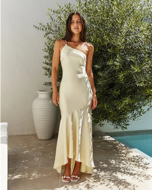 one-shoulder satin a-line maxi bridesmaid dress - image 1