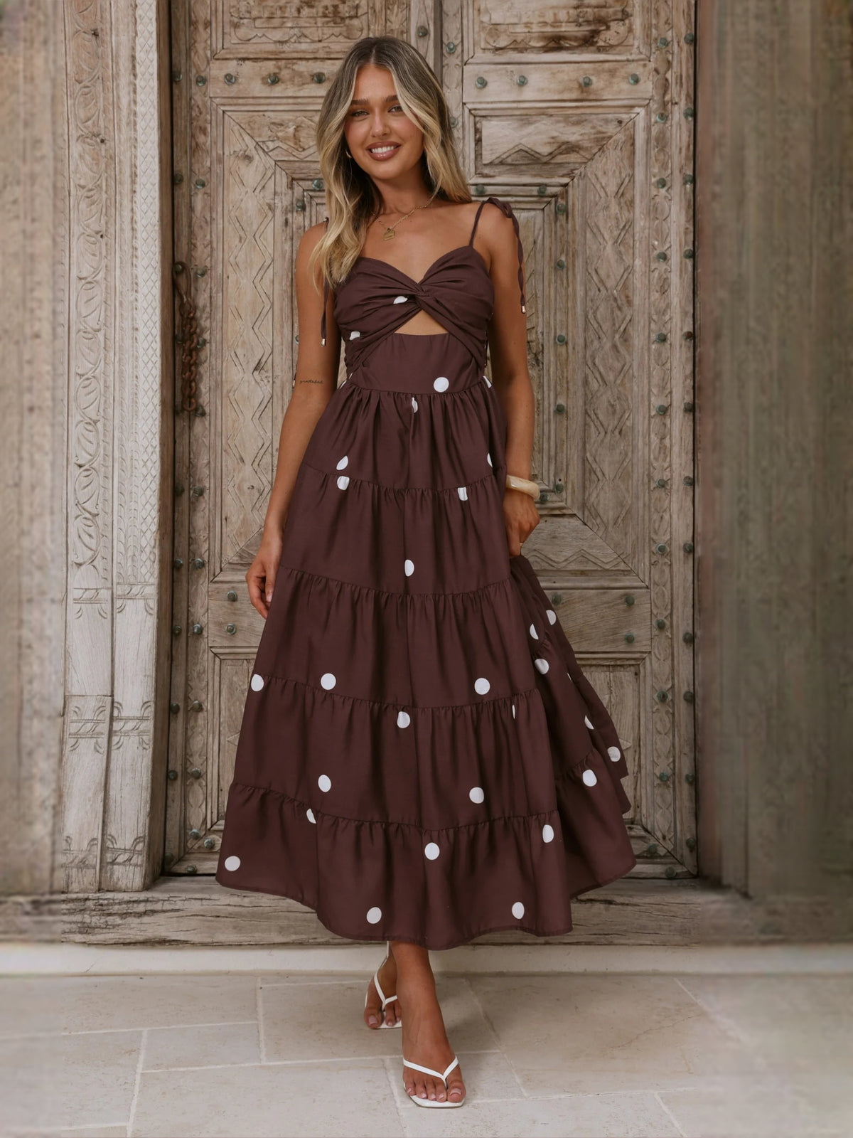 Chocolate midi formal dress with printed pattern, full-length front view