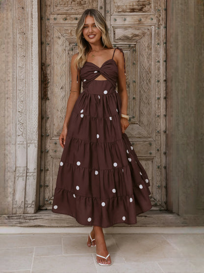 Chocolate midi formal dress with printed pattern, full-length front view