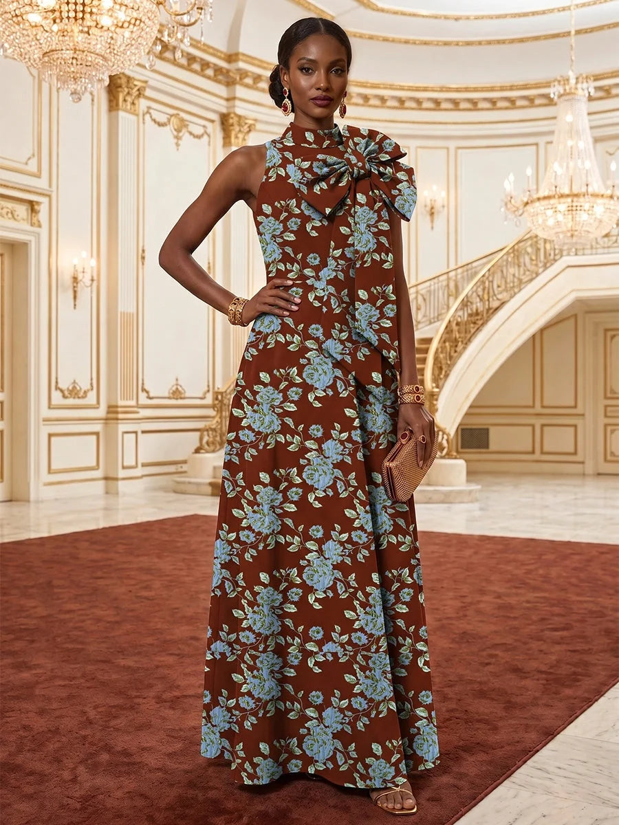 Brown maxi mother of the bride dress, front view showing the a-line silhouette