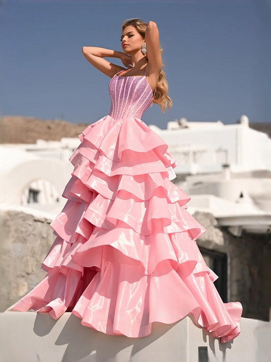 Pink floor-length prom dress, front view showing the ball-gown silhouette
