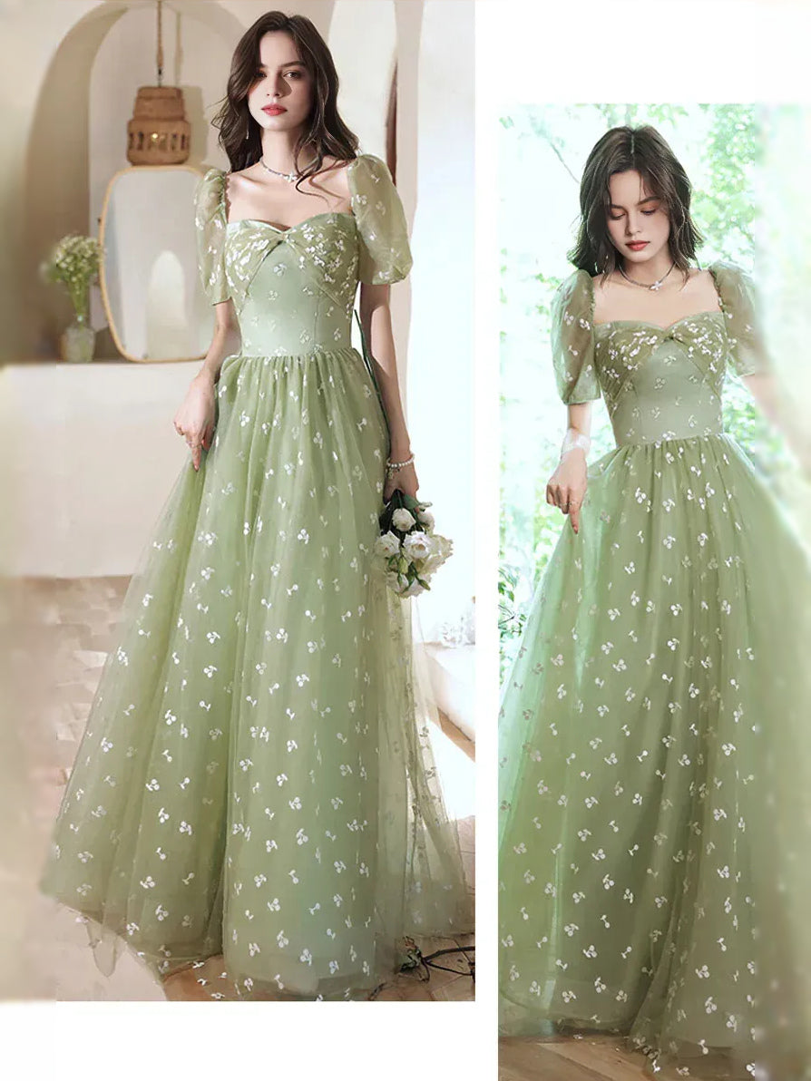 Dusty Sage maxi prom dress, front view showing the a-line silhouette