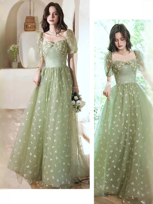 Dusty Sage maxi prom dress, front view showing the a-line silhouette