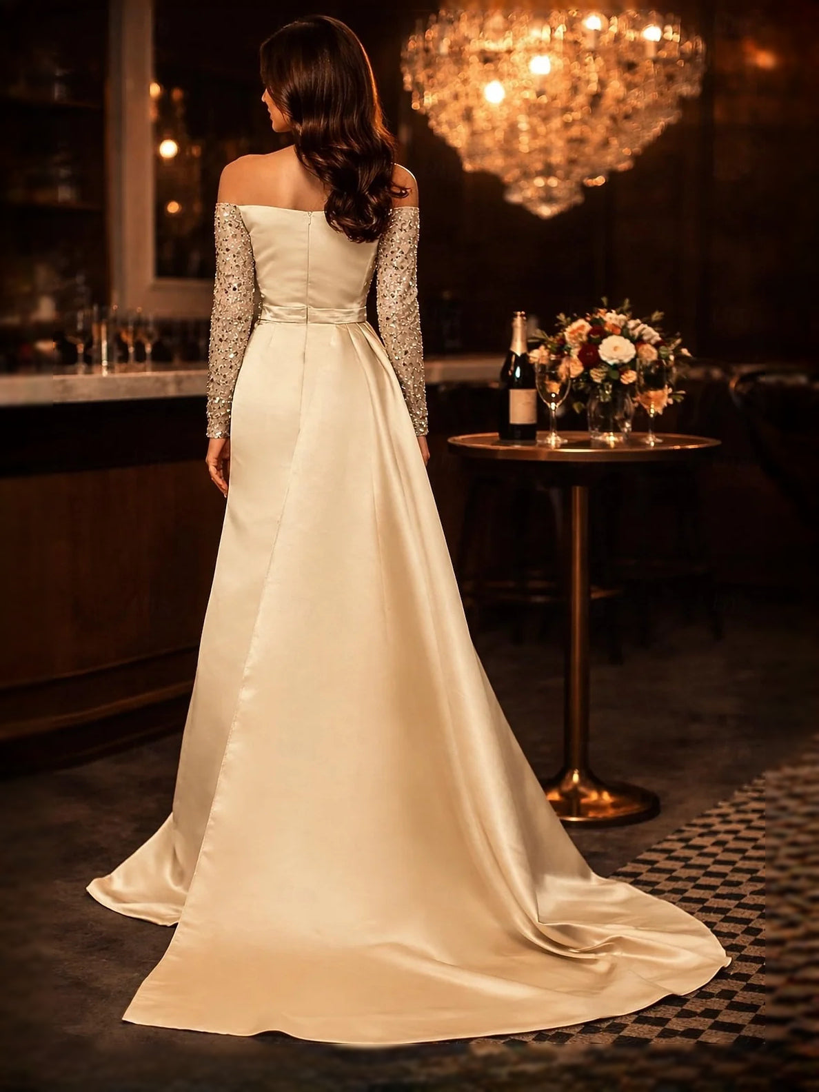Gold maxi prom dress, front view showing the sheath silhouette