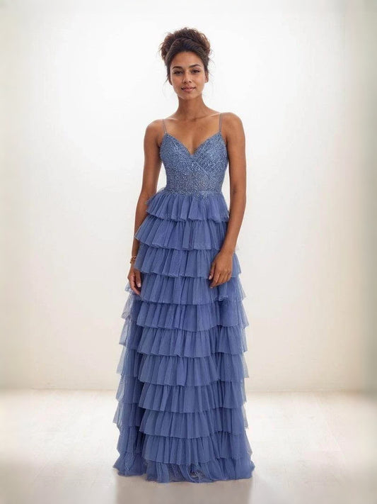 Navy Blue maxi prom dress, front view showing the a-line silhouette