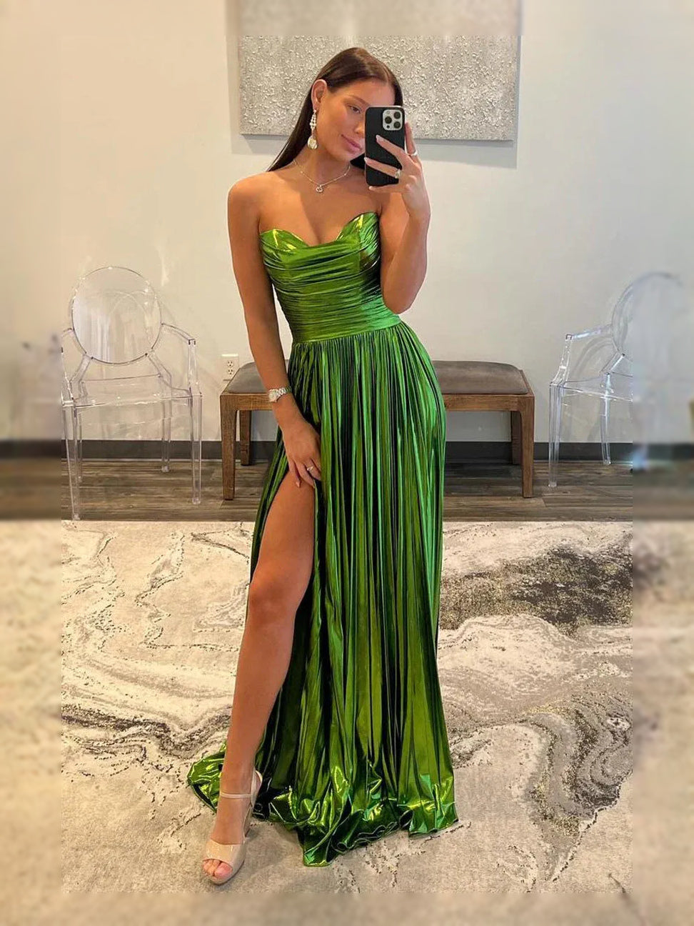 Green floor-length prom dress, front view showing the a-line silhouette