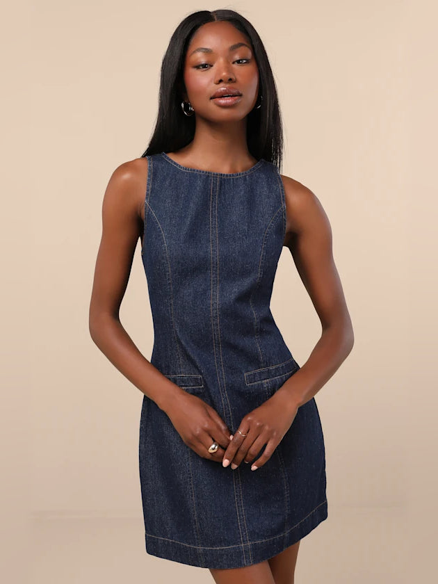 Blue mini homecoming dress, front view showing the silhouette