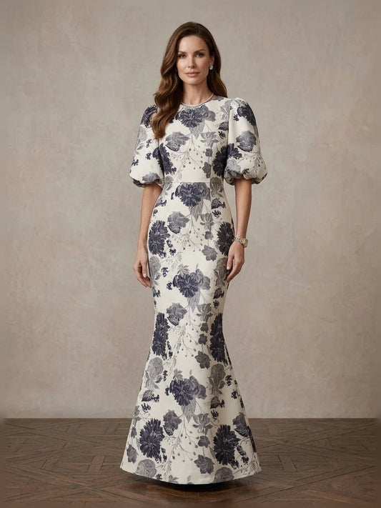 Cream floor-length mother of the bride dress, front view showing the mermaid silhouette