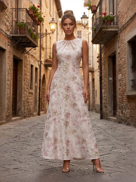Pink tea-length mother of the bride dress, front view showing the a-line silhouette