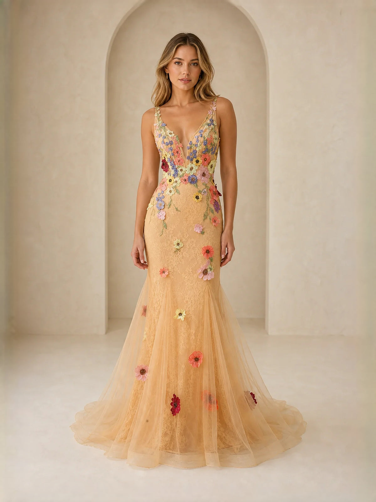 Orange floor-length prom dress, front view showing the mermaid silhouette