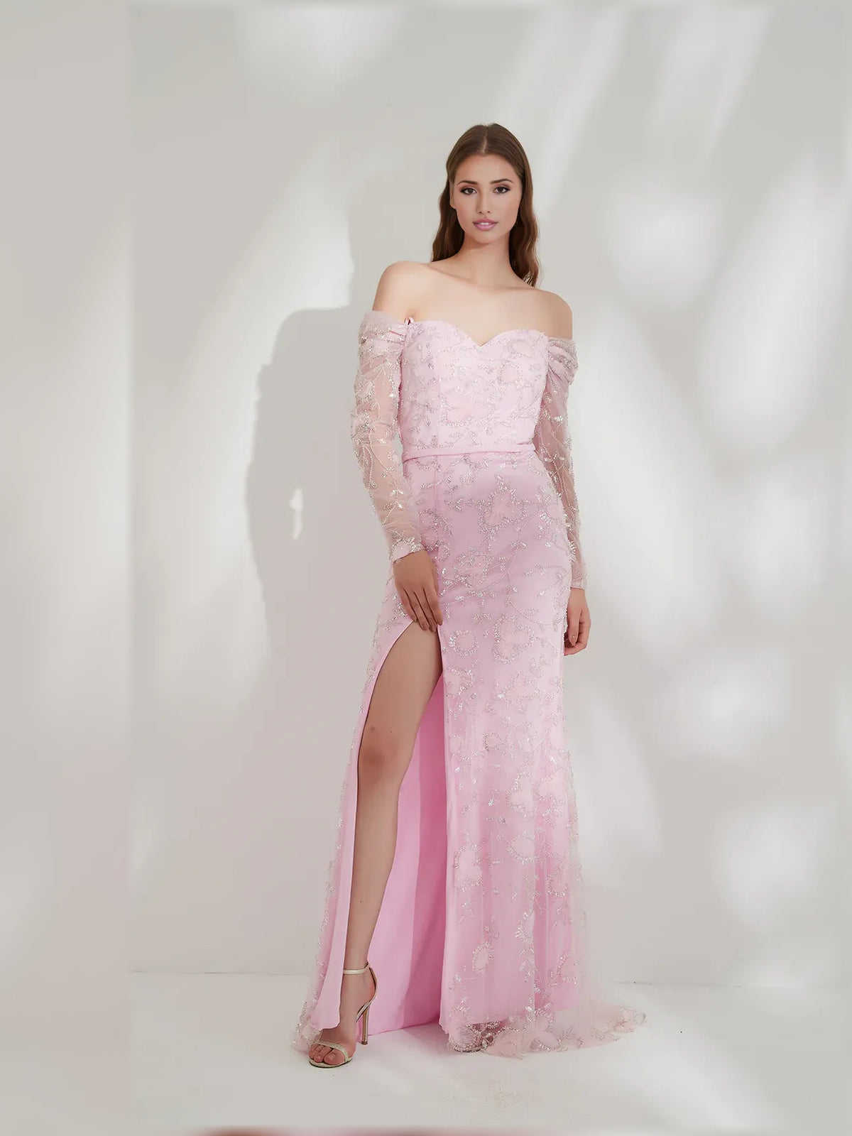 Blush Pink mermaid floor-length formal dress with off-the-shoulder neckline, full-length front view