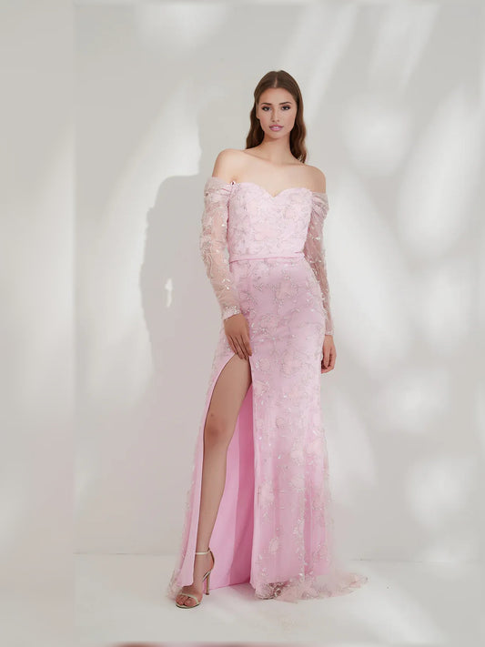 Blush Pink mermaid floor-length formal dress with off-the-shoulder neckline, full-length front view