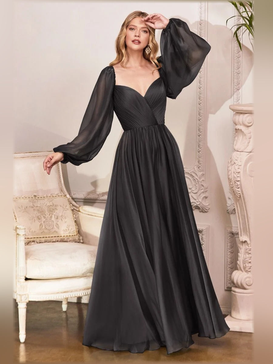 Black a-line floor-length formal dress with V-neckline, full-length front view