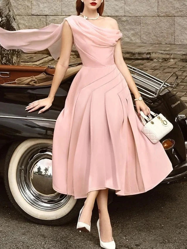 Light Pink knee-length bridesmaid dress, front view showing the a-line silhouette