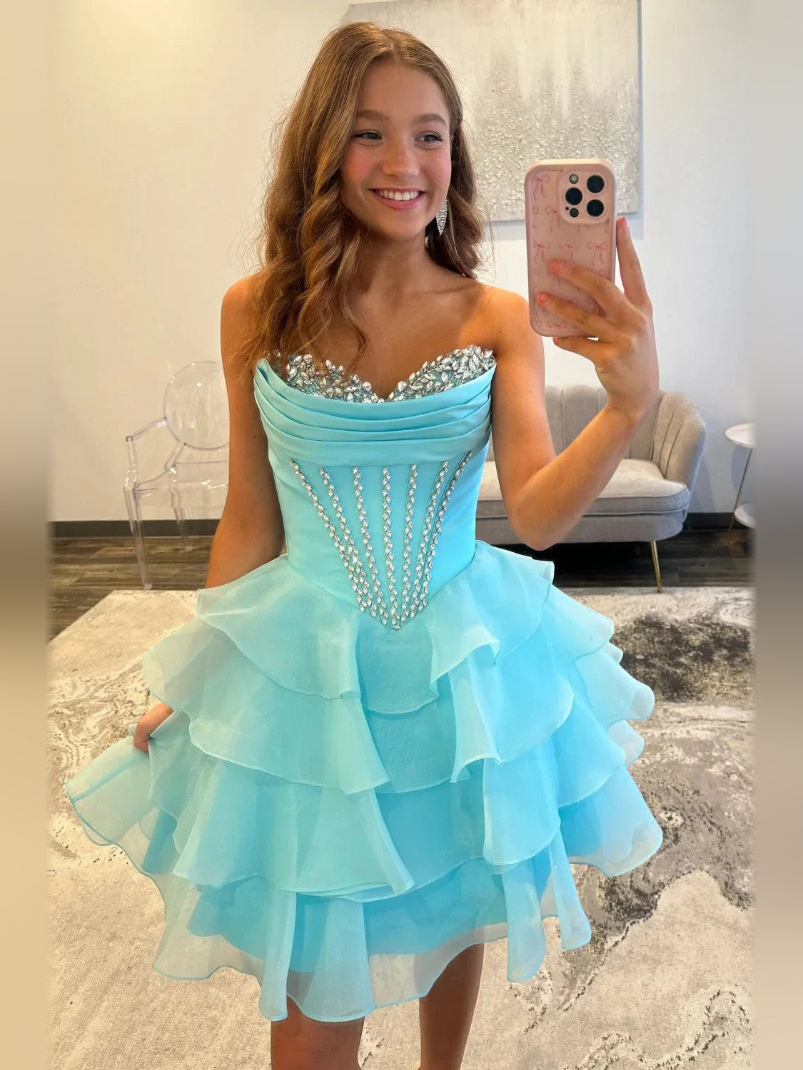 Ice Blue mini homecoming dress, alternate view showing the full-length silhouette