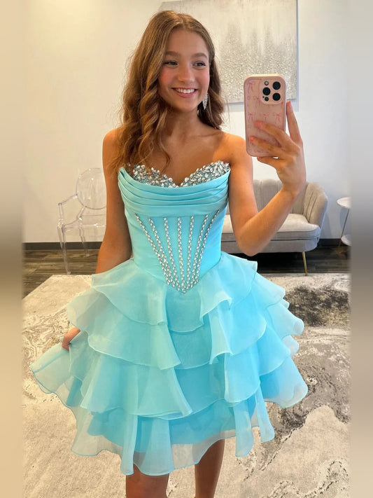 Ice Blue mini homecoming dress, alternate view showing the full-length silhouette
