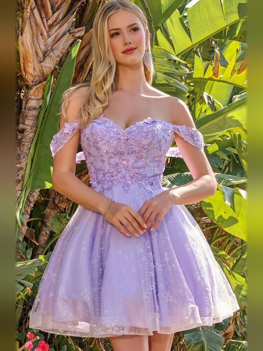 Lilac mini homecoming dress, alternate view showing the full-length silhouette