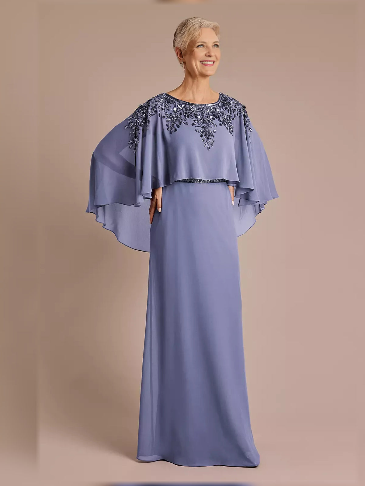 Periwinkle floor-length mother of the bride dress, front view showing the straight silhouette