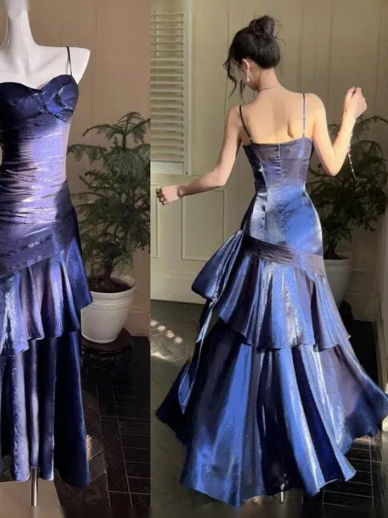 Navy Blue maxi prom dress, front view showing the mermaid silhouette