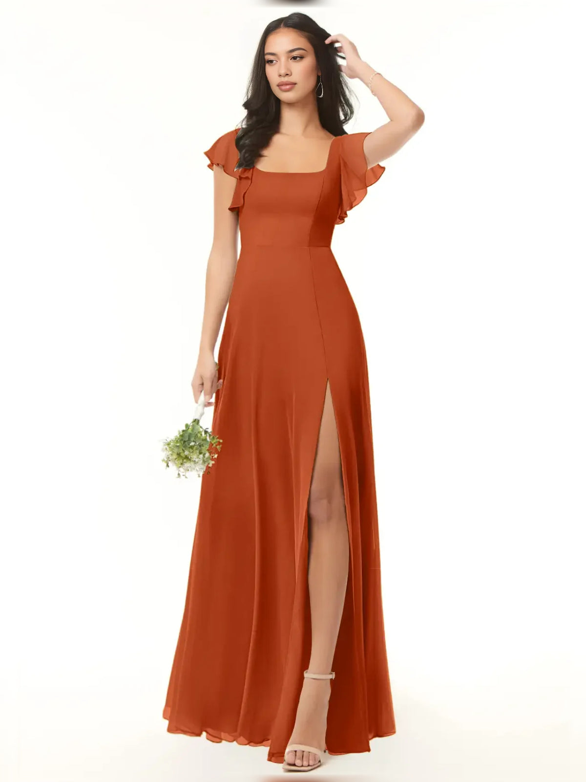 Burnt Orange maxi bridesmaid dress, front view showing the a-line silhouette