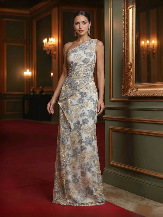 As Picture floor-length mother of the bride dress, front view showing the sheath silhouette