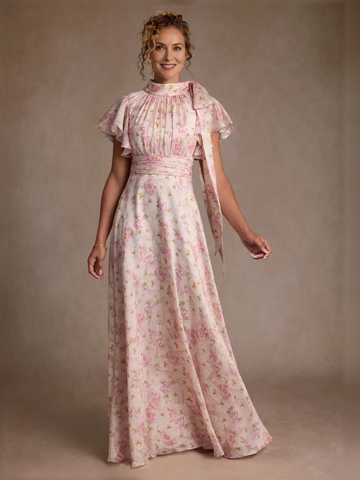 Floral maxi mother of the bride dress, front view showing the a-line silhouette