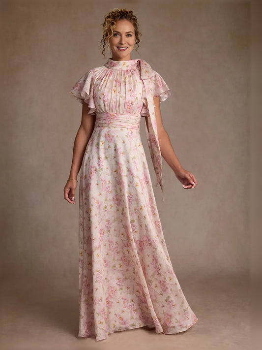 Floral maxi mother of the bride dress, front view showing the a-line silhouette