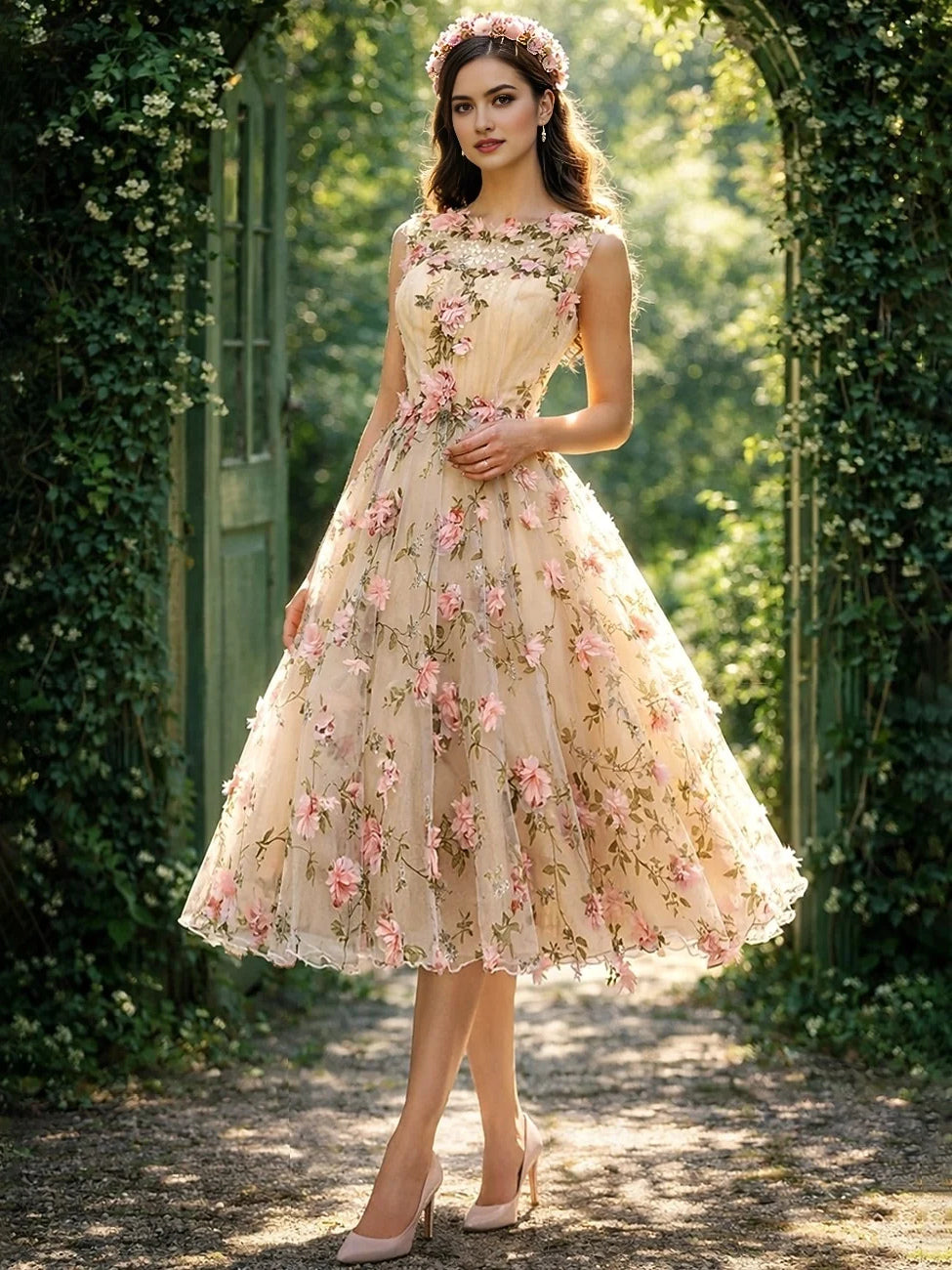 Pearl Pink midi prom dress, front view showing the a-line silhouette