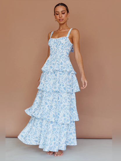 Blue midi formal dress with floral print, full-length front view