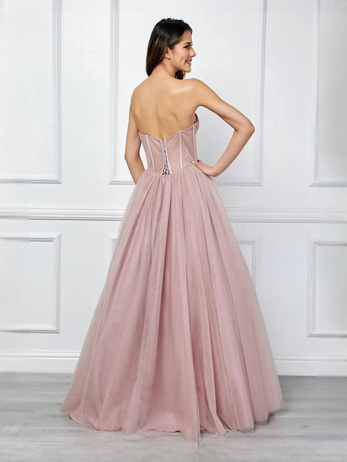 Blush Pink floor-length prom dress, front view showing the a-line silhouette