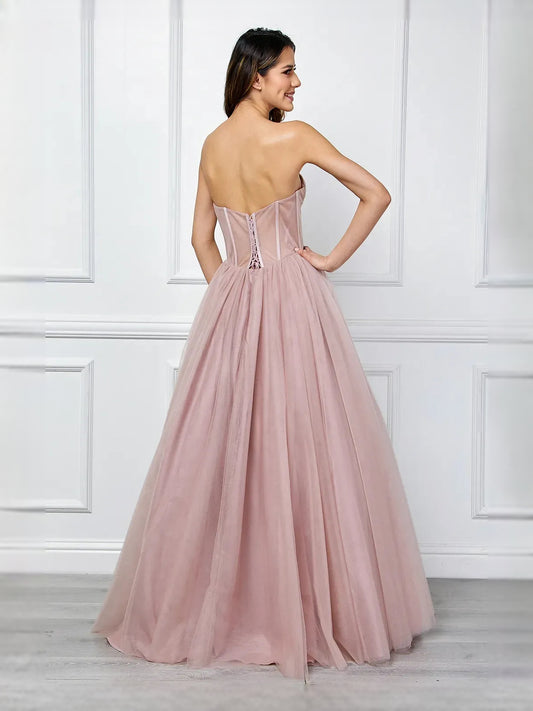 Blush Pink floor-length prom dress, front view showing the a-line silhouette