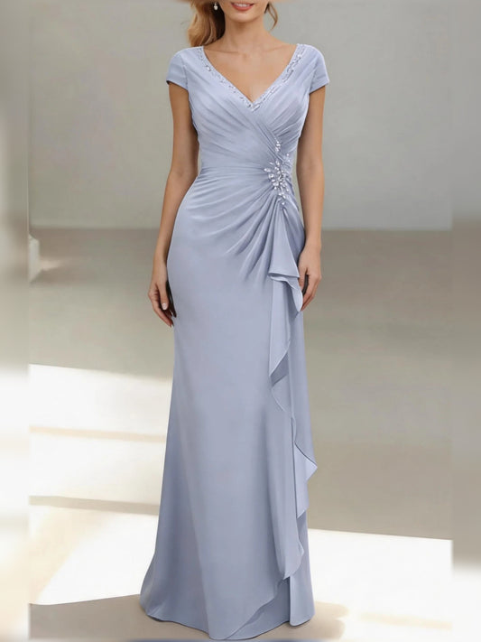 Dusty Blue floor-length mother of the bride dress, front view showing the mermaid silhouette