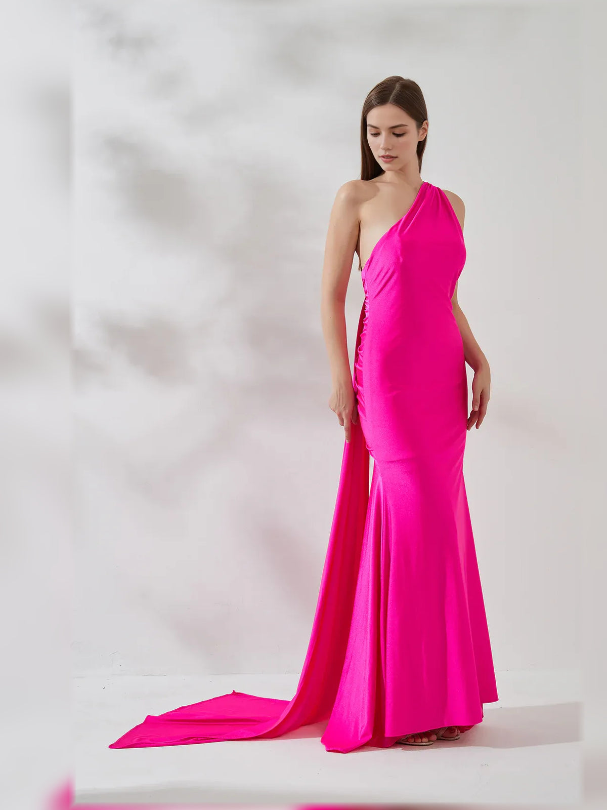 Hot Pink mermaid floor-length formal dress with one-shoulder neckline, full-length front view