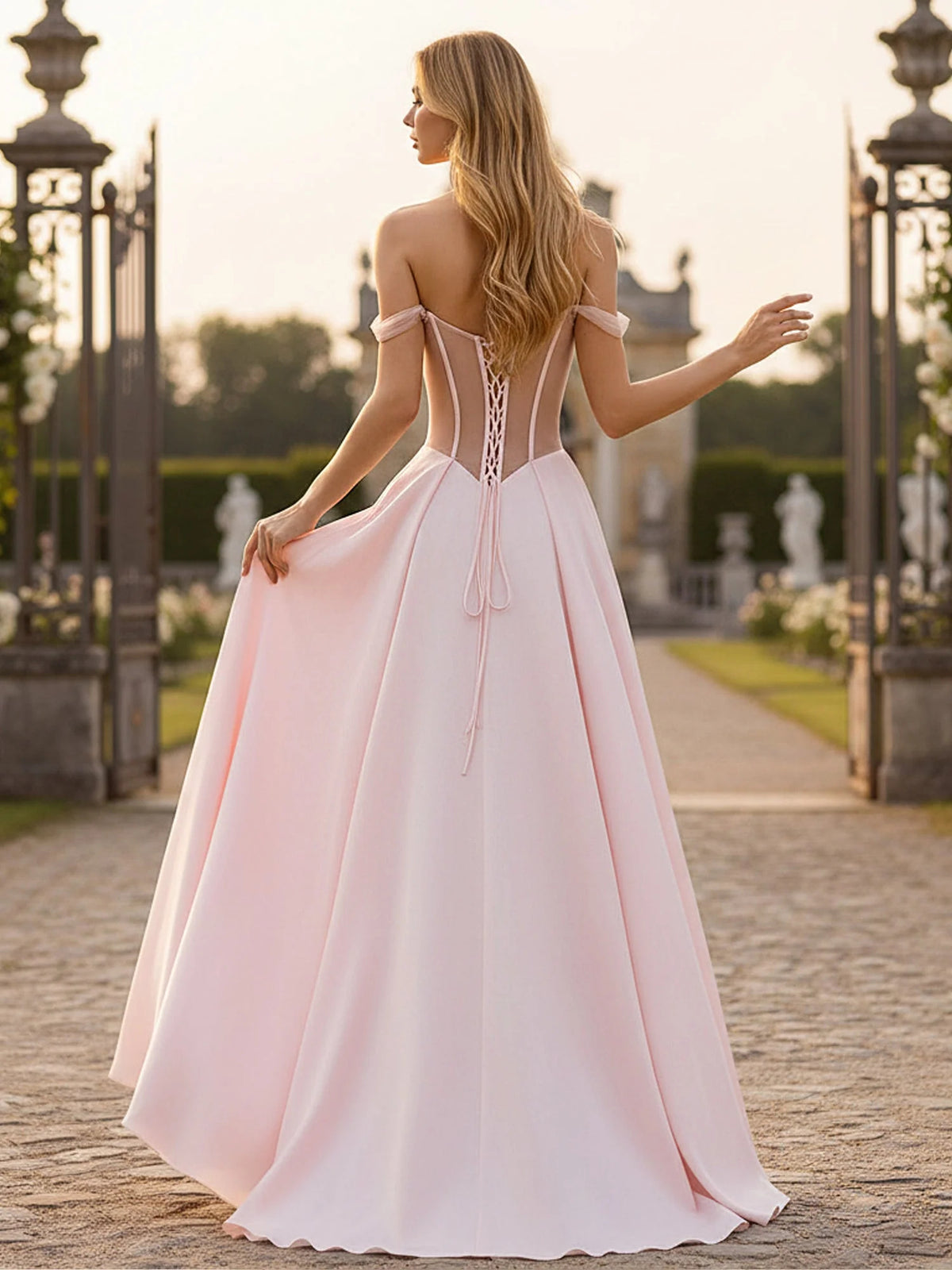 Pink maxi prom dress, front view showing the a-line silhouette