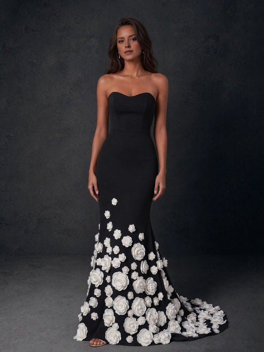 Black mermaid floor-length formal dress with sweetheart neckline, full-length front view