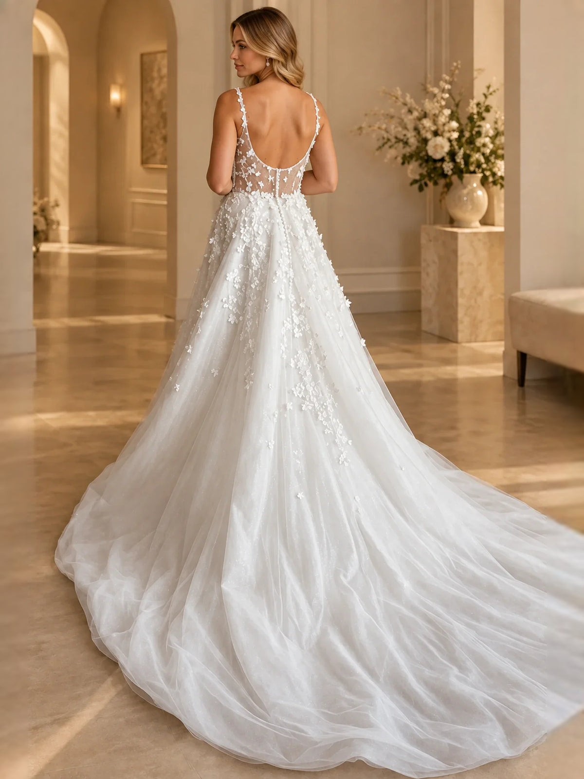 White floor-length wedding dress, front view showing the a-line silhouette